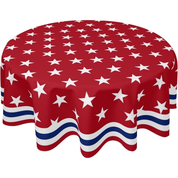 Odenmar 70 Inch Round 4th of July Star Tablecloth, Red Blue White Polyester Table Cover, Washable Reusable Round Tablecloth for Party Picnic Indoor Outdoor Decor