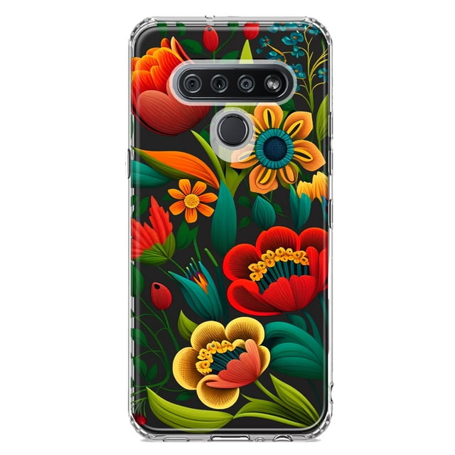 MUNDAZE LG K51 Shockproof Clear Hybrid Protective Phone Case Colorful Red Orange Folk Style Floral Spring Flowers Cover