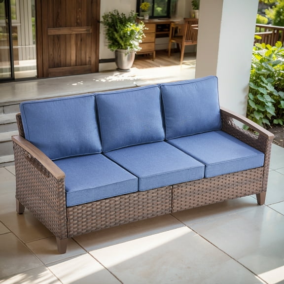 Opohoro 73.2" Wide Outdoor Wicker Patio Sofa, Deep Seating Outdoor Couch with Cushions for Porch Garden, Blue