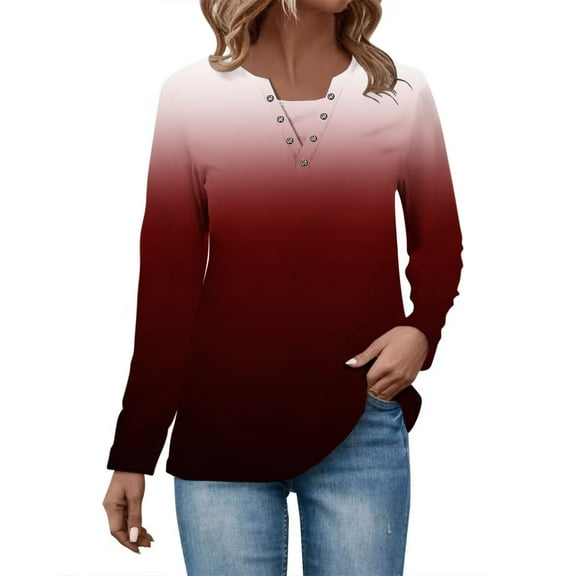 Scyoekwg Gradient Color Long Sleeve Shirts for Women Casual V Neck Ring Hole Dressy Blouses Comfy Lightweight Slim Basic Tops (Wine,XL)