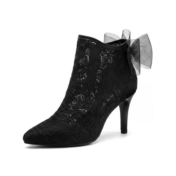 BLISSFUL STEP Women's Floral Lace Pointed Toe Ankle Boots Tulle Bow Stiletto Heel Wedding Dress Booties Black 6