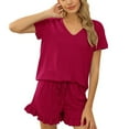 thumbnail image 2 of Women's Short Sleeve Pajama Set - Casual V-Neck 2-Piece Loungewear with Elastic Drawstring, Perfect for Spring/Summer, Red, Size S, 2 of 5