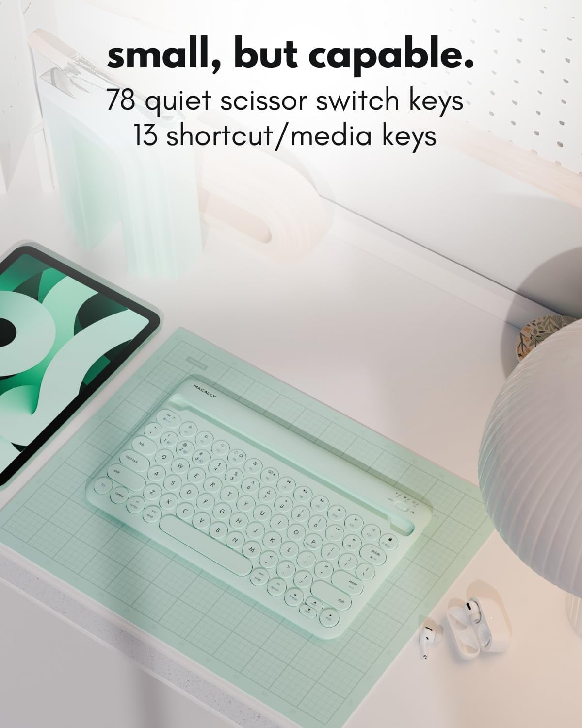 Macally Bluetooth Keyboard for Tablet(Multi-Device, Built-In Stand, Rechargeable) Easy to Use and Cute Portable - Mint Green