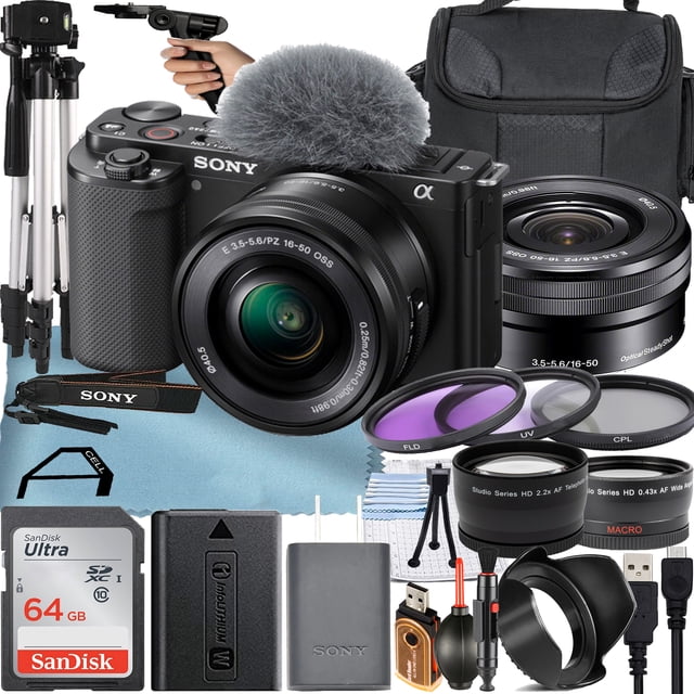 Sony Alpha ZV-E10 Mirrorless Vlog Camera With 16-50mm Lens + 64GB Memory Card + Filter Kit + Tripod + Case + A-Cell Mobility Accessory Bundle (Black)