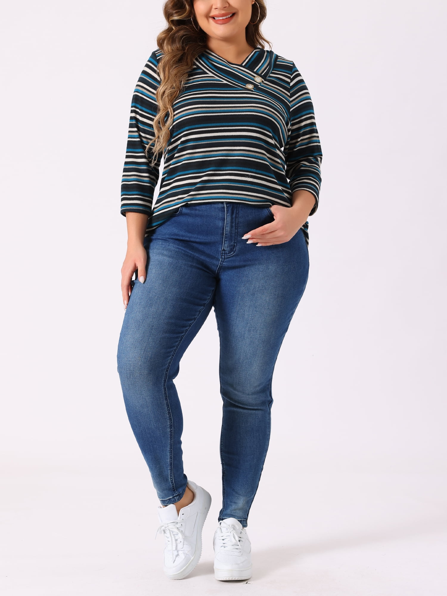 DARING DIVA Women's Plus Tunic Top V Neck Stripe Boho Knit Blouse 2X Blue Apricot