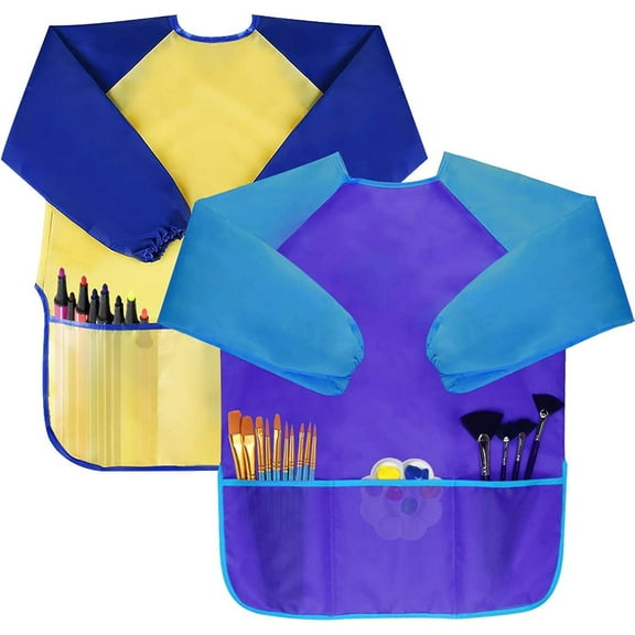 Ksopiavobs 2 Pack Kids Art Smocks Toddler Smock Waterproof Artist Painting Aprons Long Sleeve with 3 Pockets for Age 2-6 Years