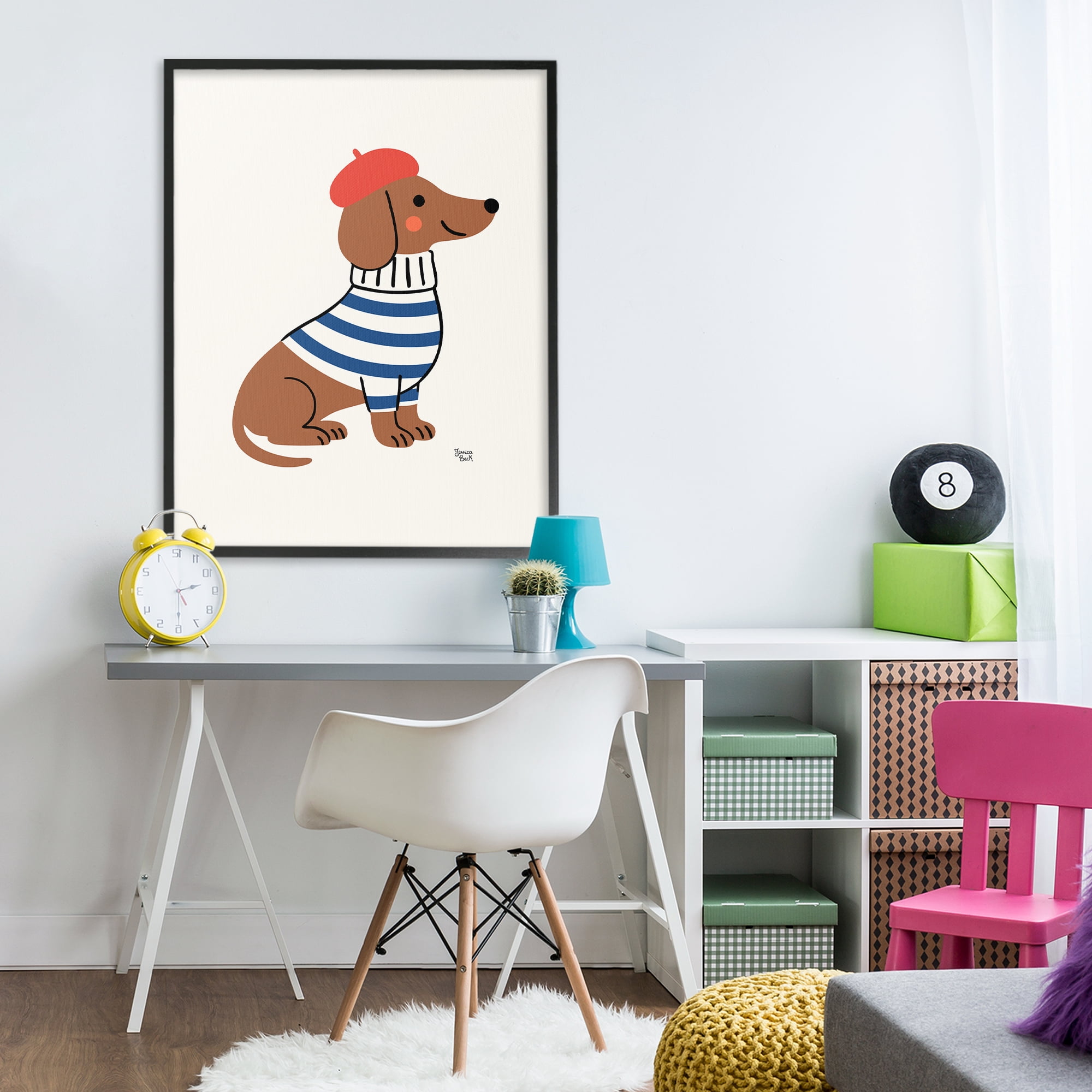 French Dachshund in Beret Black Framed Giclee Art, design by Jessica Beck