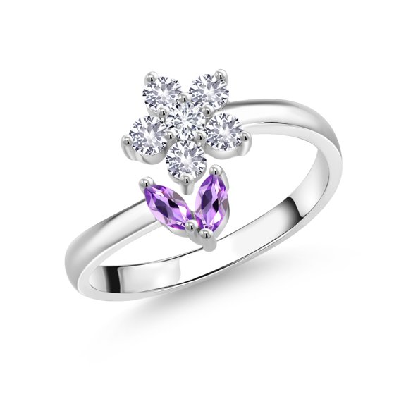 Gem Stone King 925 Sterling Silver Purple Amethyst White Created Sapphire and White Lab Grown Diamond Flower Open Ring for Women (0.48 Cttw, Gemstone February Birthstone, Size 5)