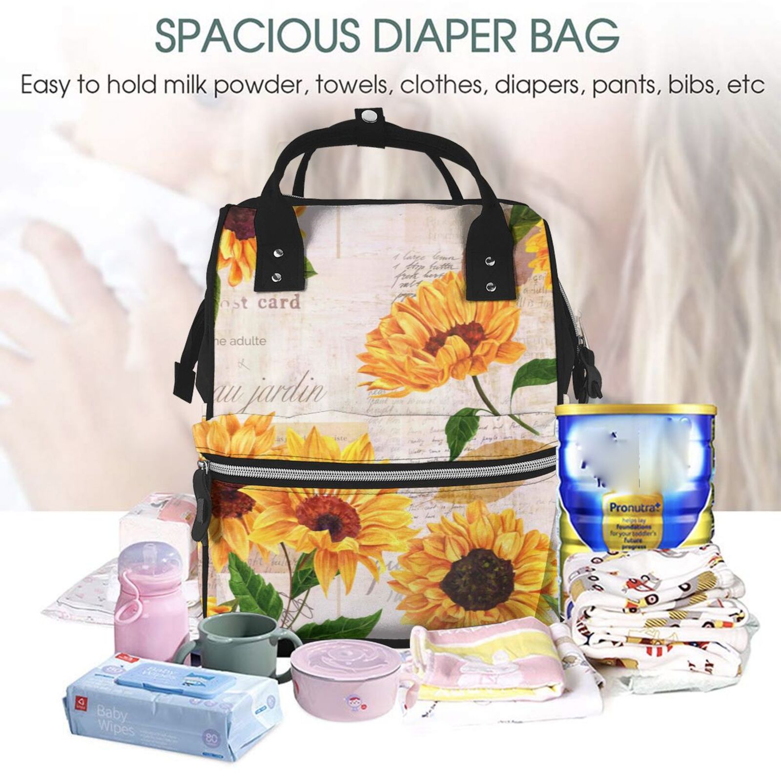 Fuzoiu Sunflower 5 Print Diaper Bag Backpack,Baby Essentials Travel Tote,Multi function Waterproof Diaper Bag, Travel Essentials Baby Bag - Unisex