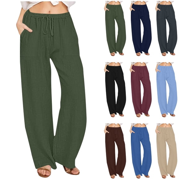 QATAINLAV Linen Pants Women Loose Fit Wide Leg Lounge Pants with Pockets 2025 Summer Casual Drawstring Elastic High Waisted Beach Pants Army Green XXL Mothers Day Gifts