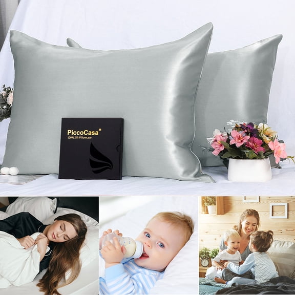 2 PCS Silk Pillowcase For Skin And Hair Silk Pillow Case Both Side Silk With Hidden Zipper King Grey