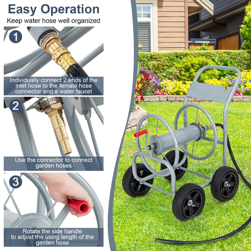 Resenkos Outdoor Patio Garden Truck, Cart, Garden Hose Reel Cart Holds 330ft of 3/4 Inch or 5/8 Inch Hose-Silver