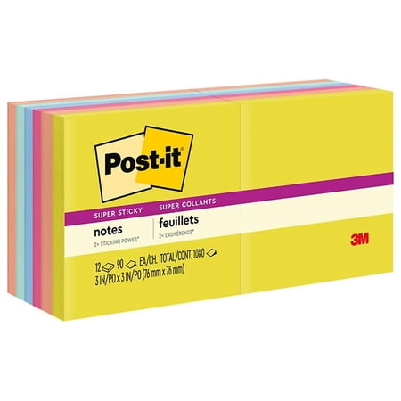 UPC: 0638060927373 | Post-it Super Sticky Notes 3  x 3  Summer Joy Collection 90 Sheet/Pad 12 Pads/Pack (654-12SSJOY)