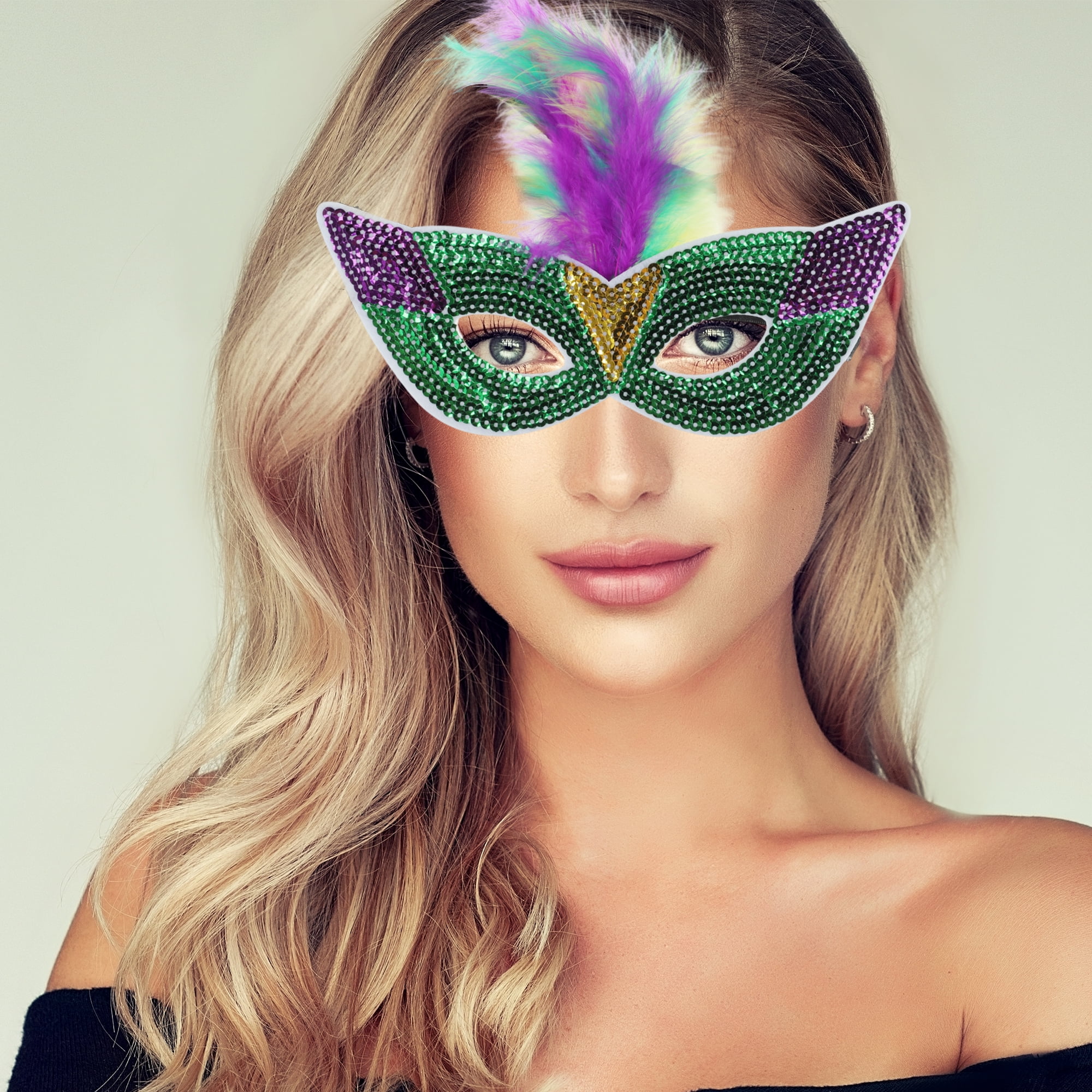 Unique Bargains 1 Box Colorful Feather Sequins Half Face Party Mask Green