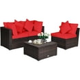 thumbnail image 1 of Patiojoy Ensemble de Canapé Sectionnel en Rotin d'Extérieur 4 Pcs, Causeuse de Conversation, Ottoman, Rouge, 1 of 6