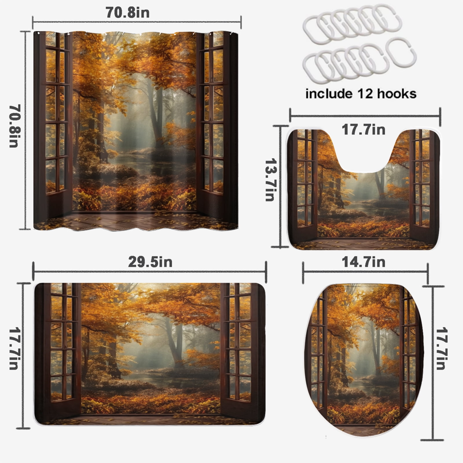 Autumn Landscape Shower Curtain Sets Nature Scenery View Fall Forest Tree Rustic Wooden Door with Non-Slip Rugs, Toilet Lid Cover and Bath Mat for Bathroom Decor Set, 72x72 Inch