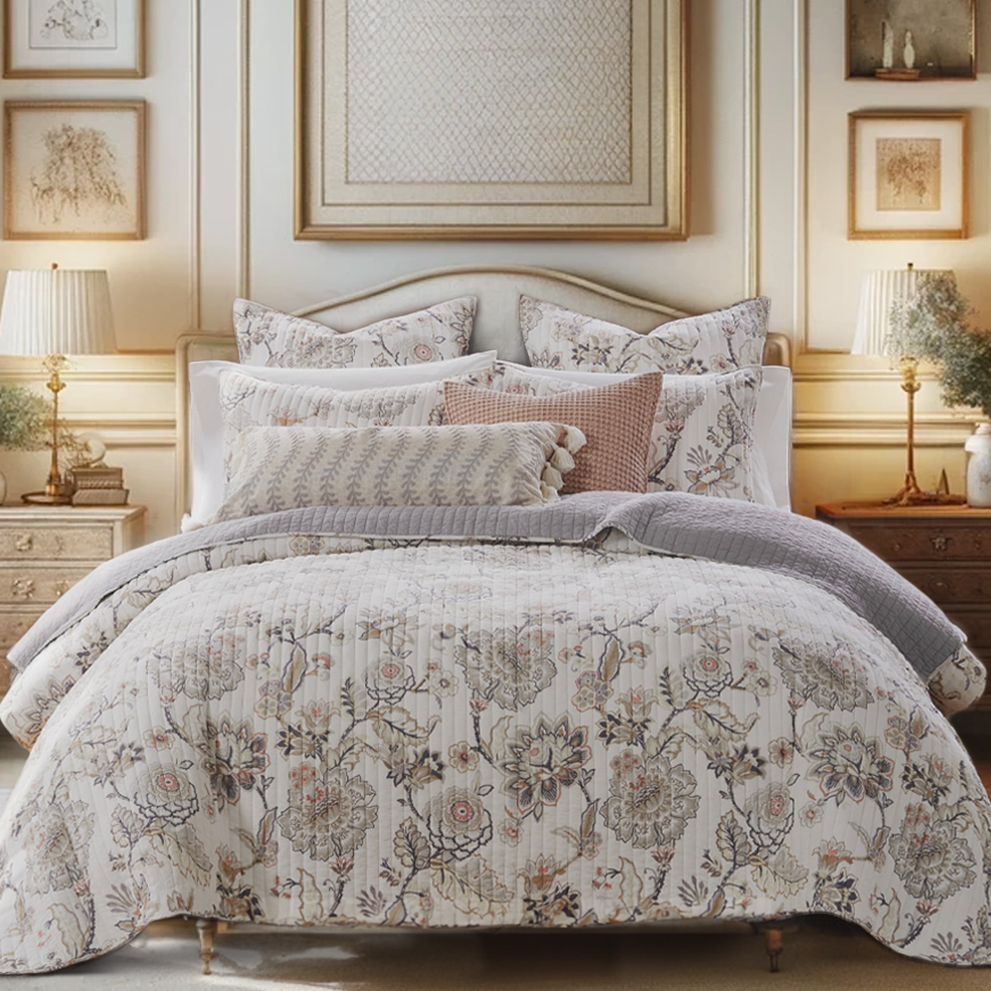 Levtex Home - Ophelia Quilt Set - King Quilt and Two King Shams - Floral - Taupe Grey Cream Blush - Quilt (106x96in.) and Shams (20x36in.) - Reversible - Rayon/Cotton