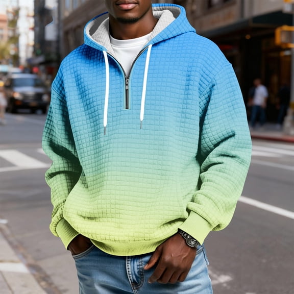 QHRMKOG Men Hoodie Relaxed Fit 1/4 Zip Hooded Sweatshirts Trendy Long Sleeve Plaid Drawstring Hoodie Qutumn Warm Pullover with Pockets Blue XL