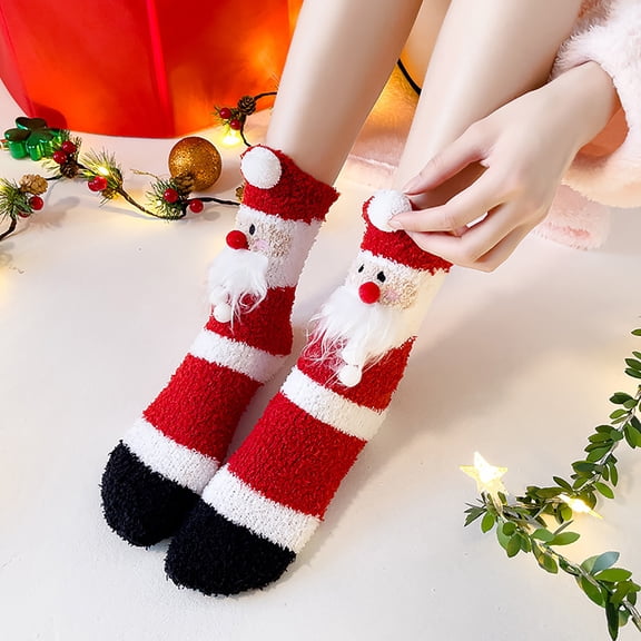 Holiday Gift Finder Ofreoo Woman's Girls Christmas Cute Coloer Stripe Santa Claus Print Thicken Coral Fleece Keep Warm Crew Socks for Women