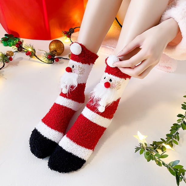 Calcetines para mujer y niña, navideños, bonitos, con rayas de colores y estampado de Papá Noel, de forro polar grueso y cálido, para mujer