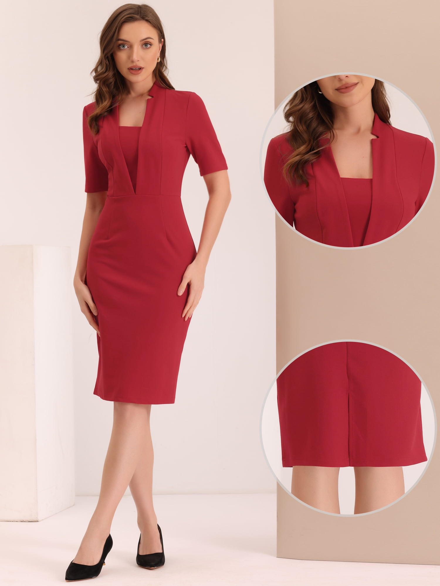 DARING DIVA Sheath V Neck Work Office Bodycon Midi Dresses M Red