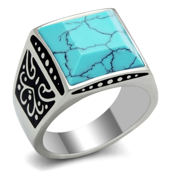 Luxe Jewelry Designs Men's Stainless Steel Celtic Ring with Sea Blue Turquoise Synthetic Stone -