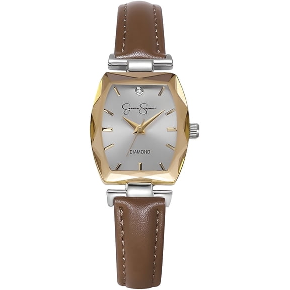 Jessica Simpson Diamond Collection Women's Dress Watch – Classic Quartz, Leather Band, Barrel Faceted Crystal Face, Elegant Timepiece