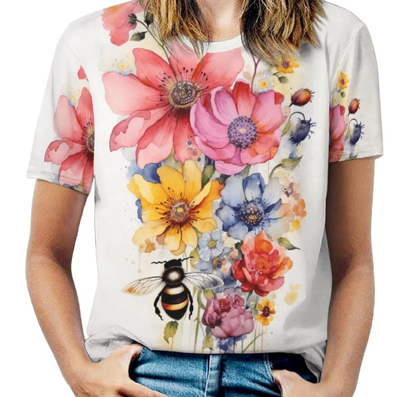 Bee And Flowers T-Shirt O Neck Oversize T-Shirts Short Sleeve Classic Tees Women Summer Graphic Tops