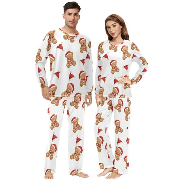 Matching Pajamas for Couples Christmas Teddy Bear Pattern His and Hers Pajamas Sets Soft Long Sleeve Sleepwea