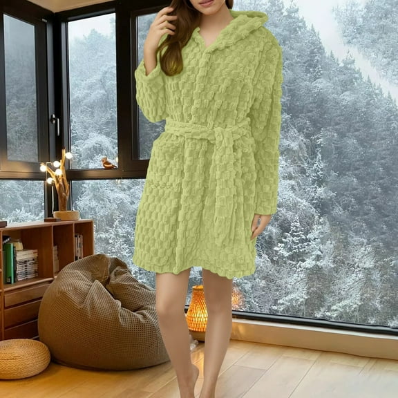 MVRLSH Bathrobe For Women Plush Absorbency Extra Long Fleece Bathrobe With Hood & Pockets Warm Cloth Loungewear Sleepwear Robes & Bathrobes Green Xl