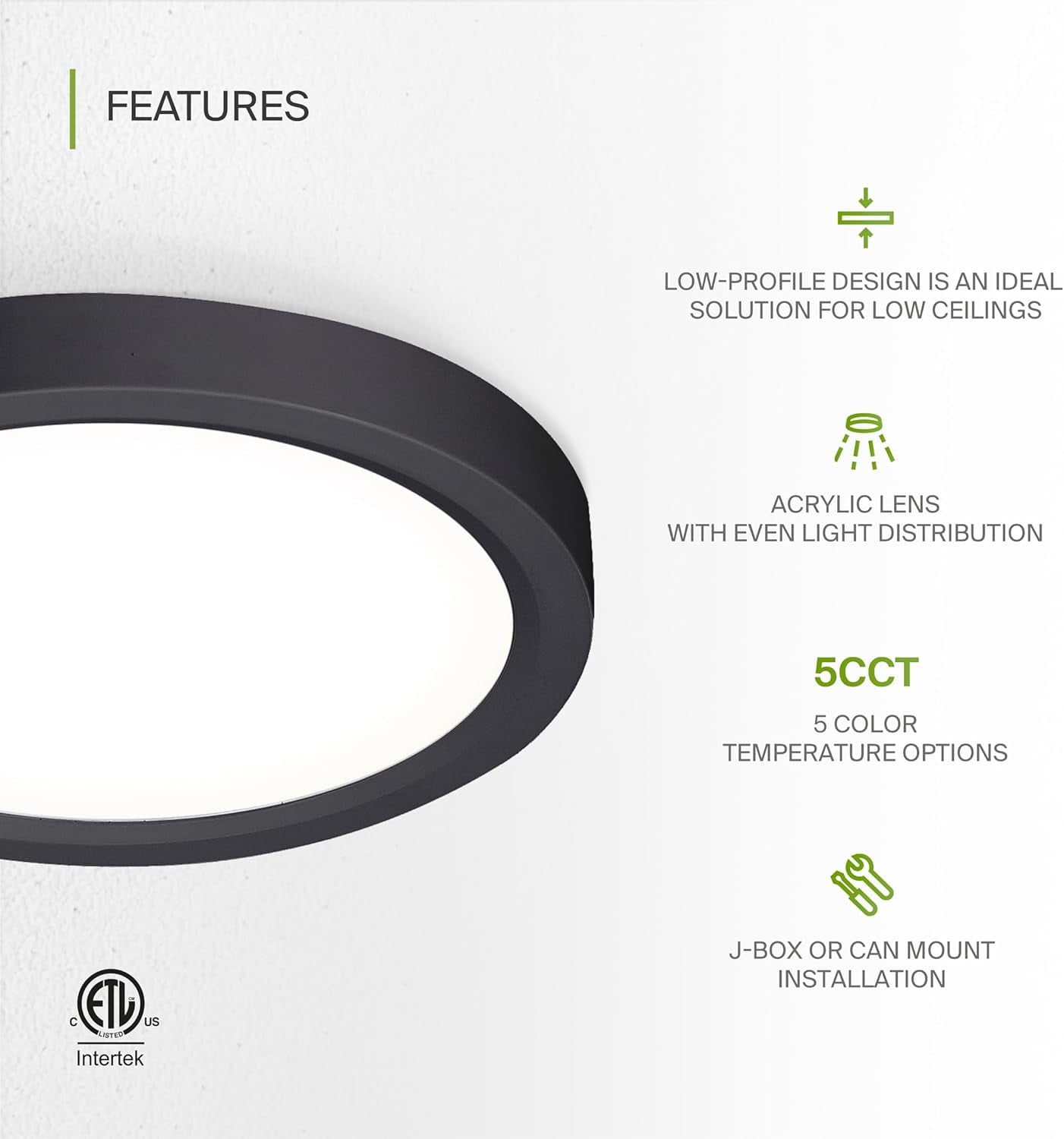 RGHJAR-LED 7" Round Flush Mount Ceiling Light Fixture, Low Profile Surface Lighting | 5CCT, Dimmable, Ultra-Thin, ETL Listed | 15W 1260LM 2700-6000K 120V | Kitchen, Bedroom, Hallway Lamp | Black