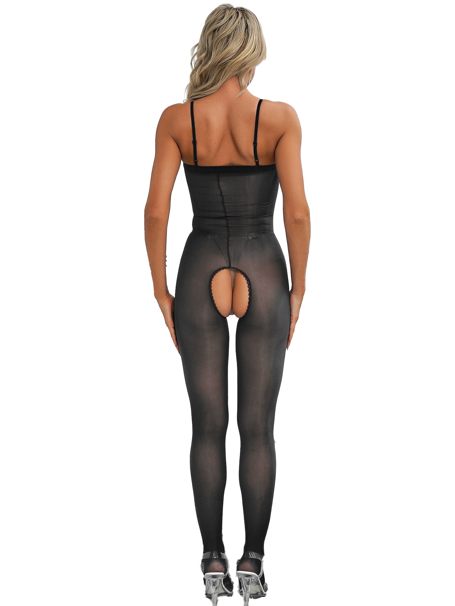 iEFiEL Womens Silky Smooth Bodystocking Nylon Open Crotch Footed Jumpsuit  See Through Bodysuit Coffee Crotchless One Size