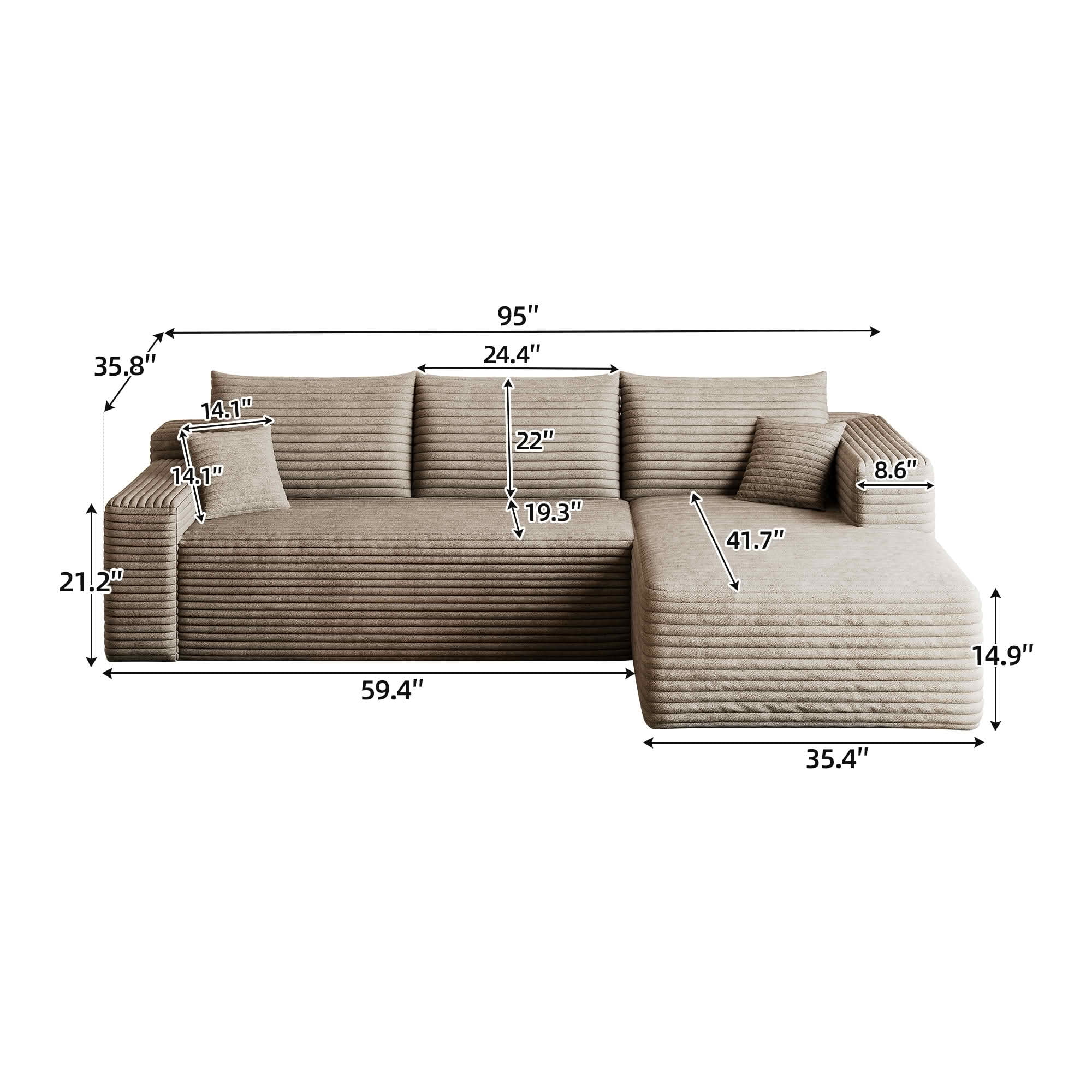 MAYEERTY 95 Inch L‑Shaped Cloud Sectional Sofa, Modern Minimalist Deep‑Seat Corner Couch, Plush Corduroy Upholstered Reversible Sofa, No‑Assembly Required for Living Room Bedroom Apartment