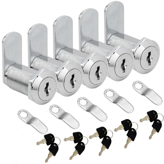 Cabinet Cam Lock, 5 Pack 1-1/8 Inch Keyed Alike Cam Lock with Keys Replacement for RV Storage Compartment Locks Truck Tool Box Drawer Travel Trailer Cylinder Locks, Fits on 0.87" Max Door Thickness
