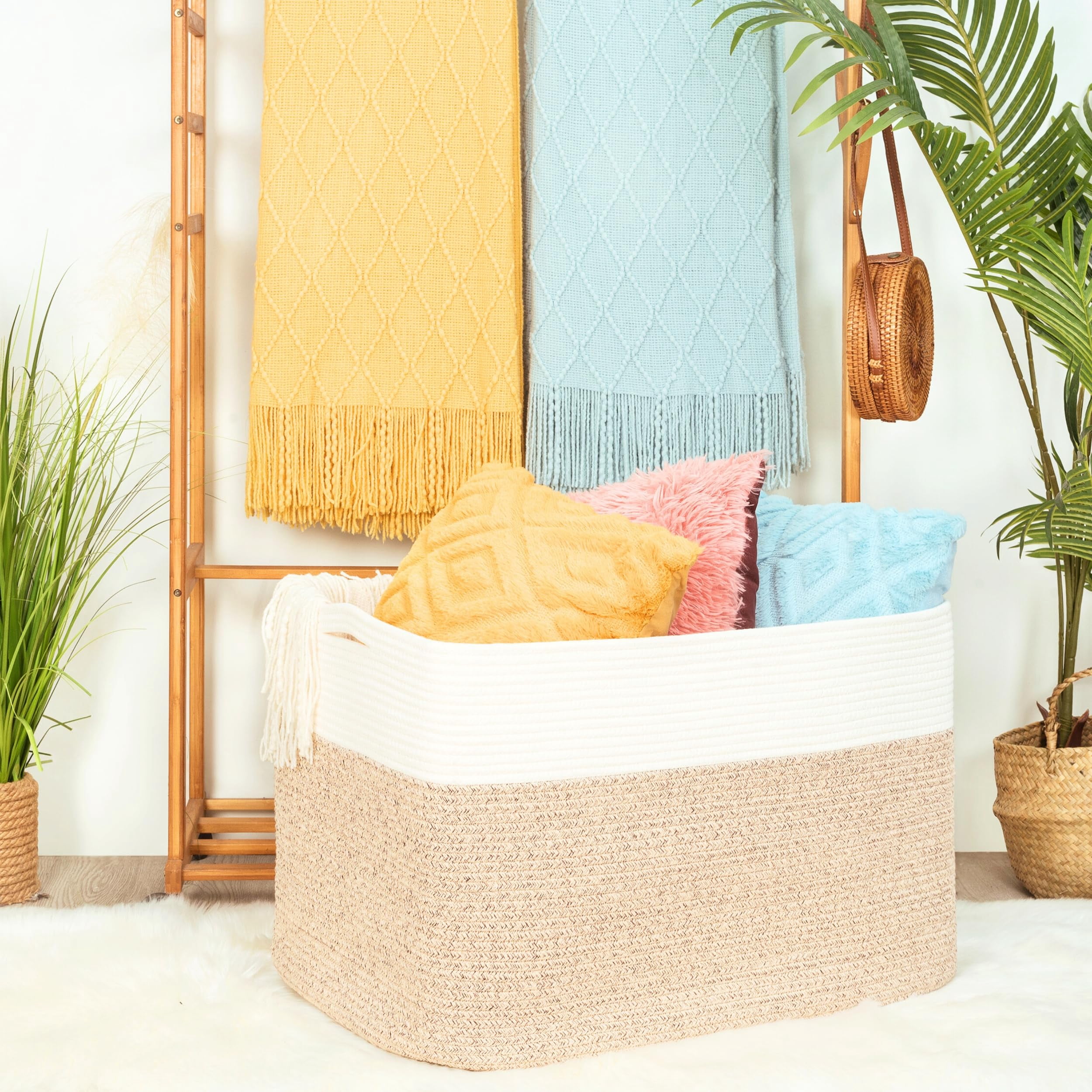 Rectangle Rope Woven Storage Basket Light Brown 112L For Laundry, Towels, Blankets