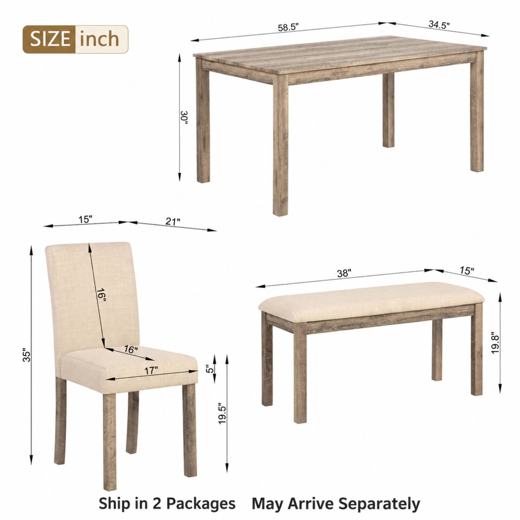 BSHTI 58.5" Wood Modern 6-Piece Dining Table Set with Fabric Upholstered Chairs, Bench, Rustic Design for Kitchen/Dining Room(Brown)