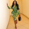 thumbnail image 5 of Women's Retro Print Turtleneck Long Sleeve Waistband Hips Wrapped Long Dress, 5 of 17