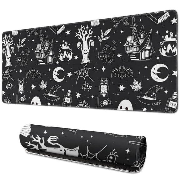 Long Mouse Pads for Desk,Vintage Halloween Elements Pattern Desk Mats on Top Of Desks, Desk Mouse Pad Extra Large with 3mm Non-Slip Base and Stitched Edge for Gaming,Office,Work,Home 31.5x11.8in