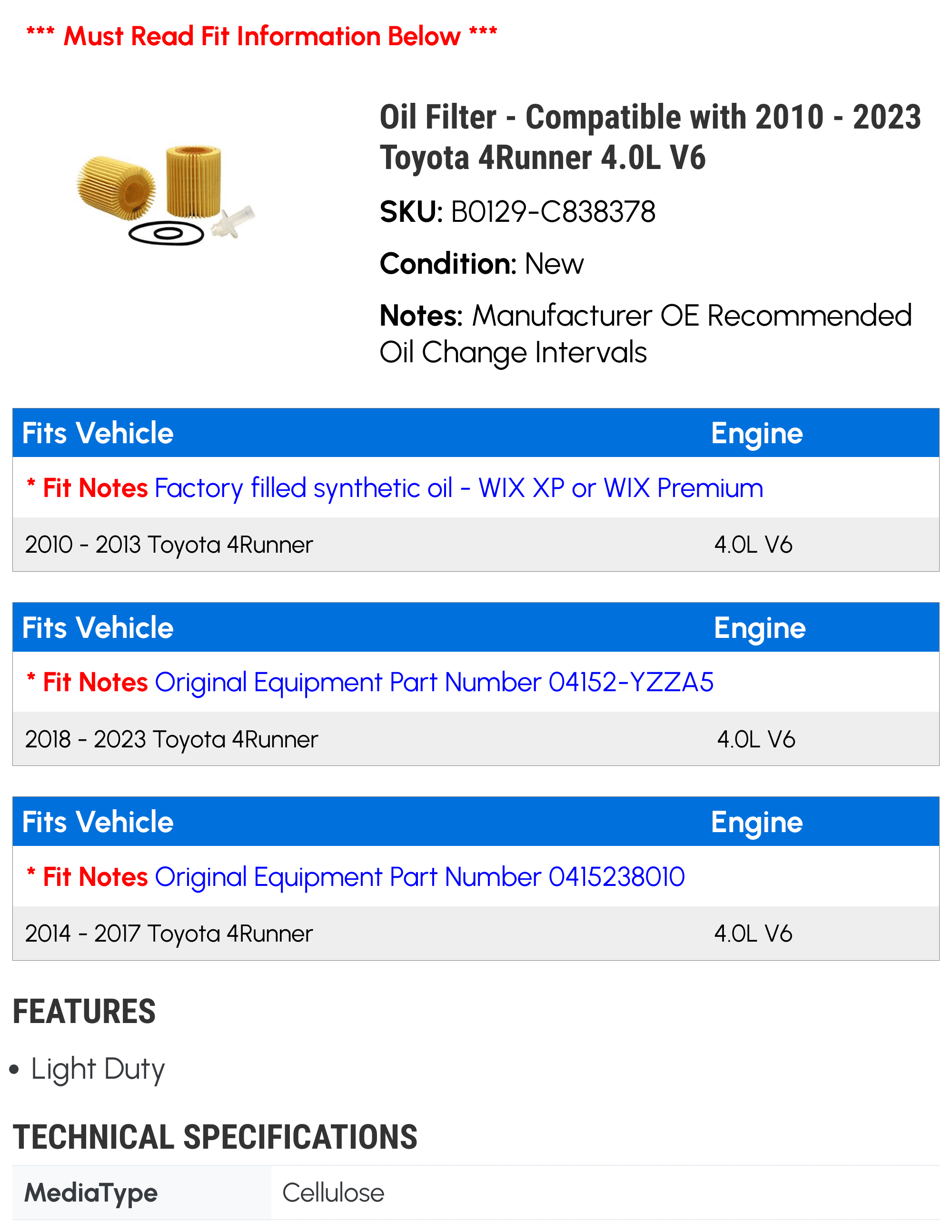 WIX Filters 04152-YZZA5 Motor Oil Filter Fits 2010-2023 Toyota 4Runner