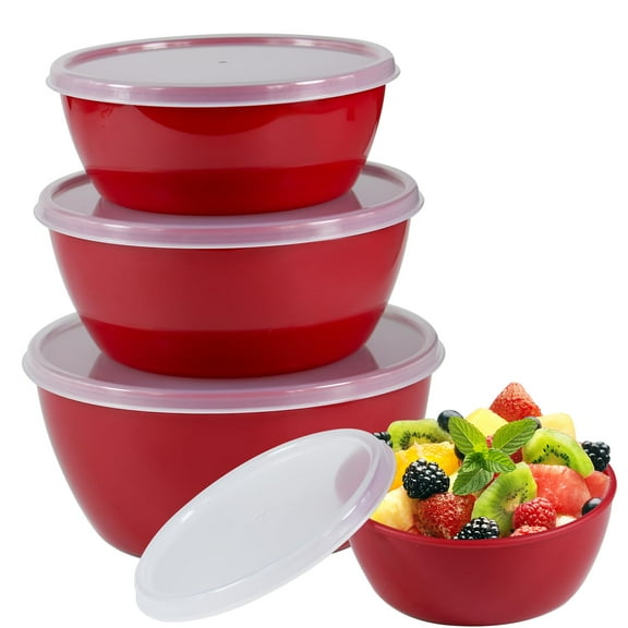4 Pack Plastic Prep Bowls with Lids, Microwave and Dishwasher Safe (4 Sizes, Red)