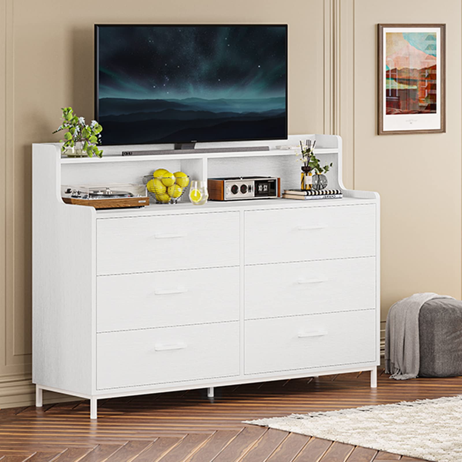 6 Drawers Dresser with Shelves White Wooden Storage Tower Organizer Chest of Drawers for Morden Bedroom Living Room Entryway
