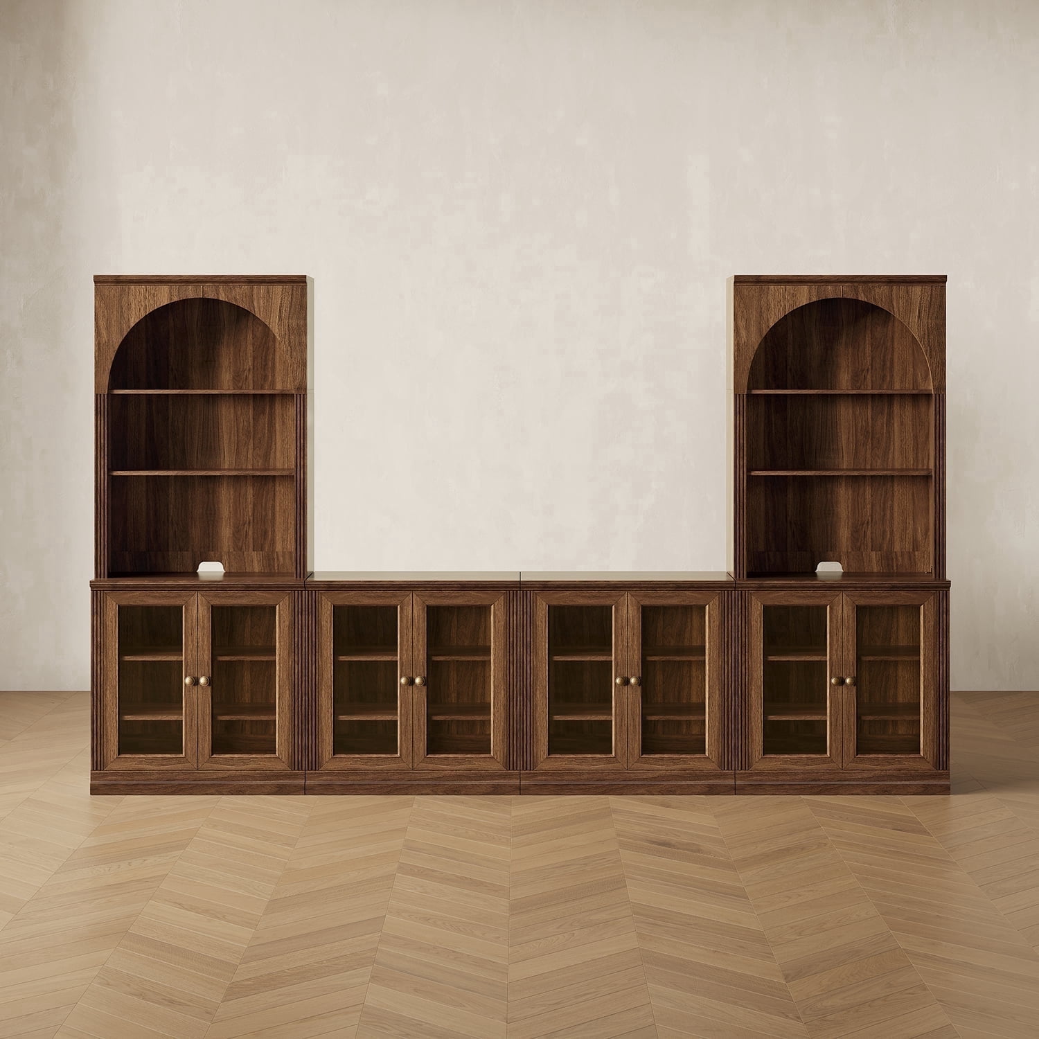 CHIC HOUSE 4 Piece Arched Entertainment Center with Storage, Modular TV Stand for TVs up to 65", Acrylic Display Cabinets & Open Hutch Bookshelves, Walnut