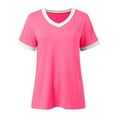 thumbnail image 5 of MIXUE Boho Tops For Women Summer Solid Color V Neck Short Sleeve Casual Basic Pullover Shirts For Women Tee Shirts Sportswear,Pink,L, 5 of 5
