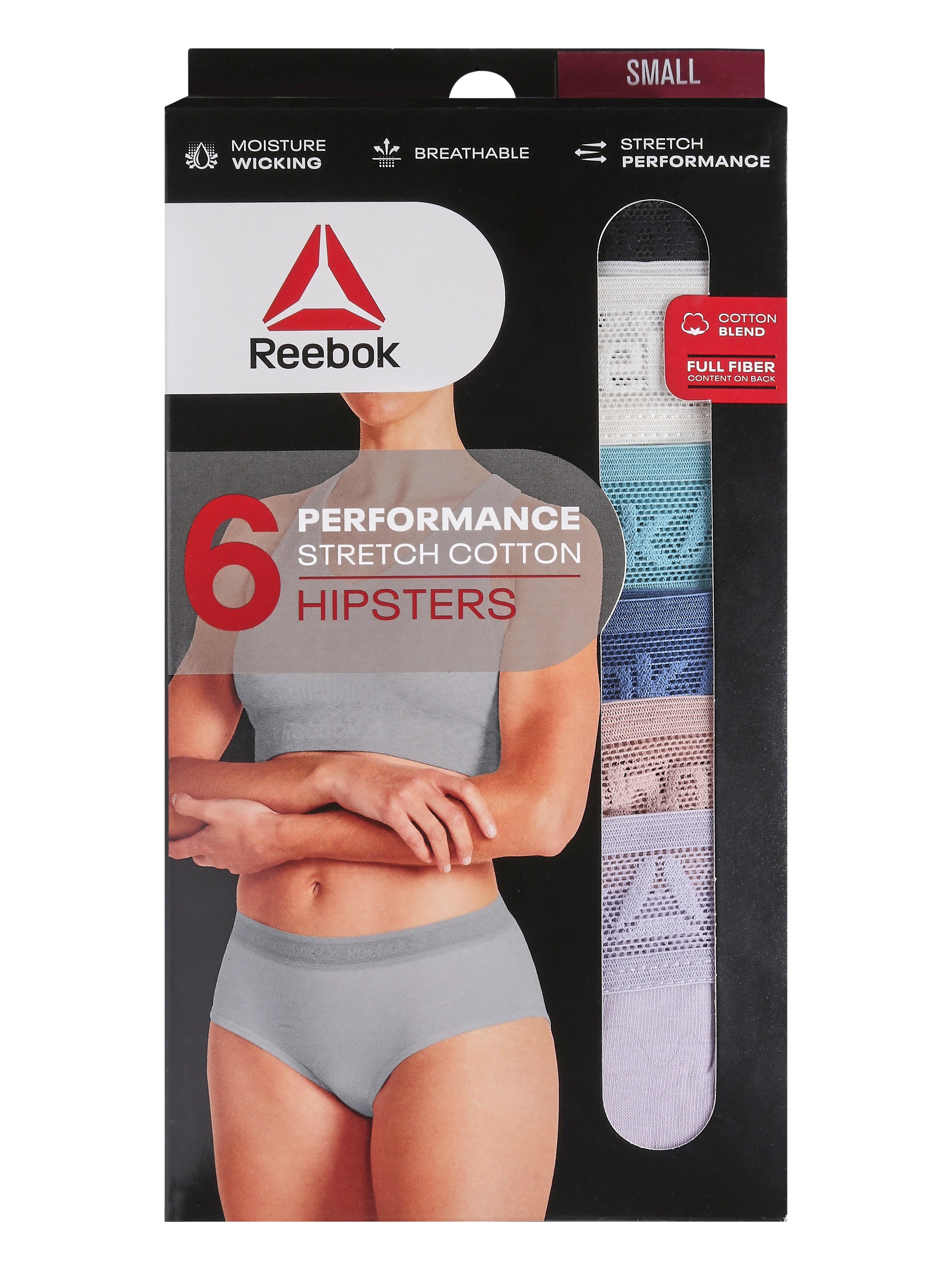 Reebok Women's Underwear Performance Cotton Hipster Panties, 6-Pack, Sizes XS-3XL