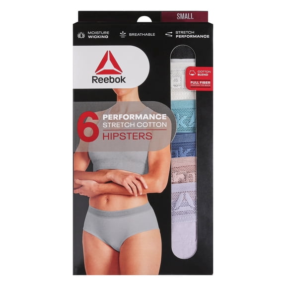 Reebok Women's Underwear Performance Cotton Hipster Panties, 6-pack, Sizes XS-3XL