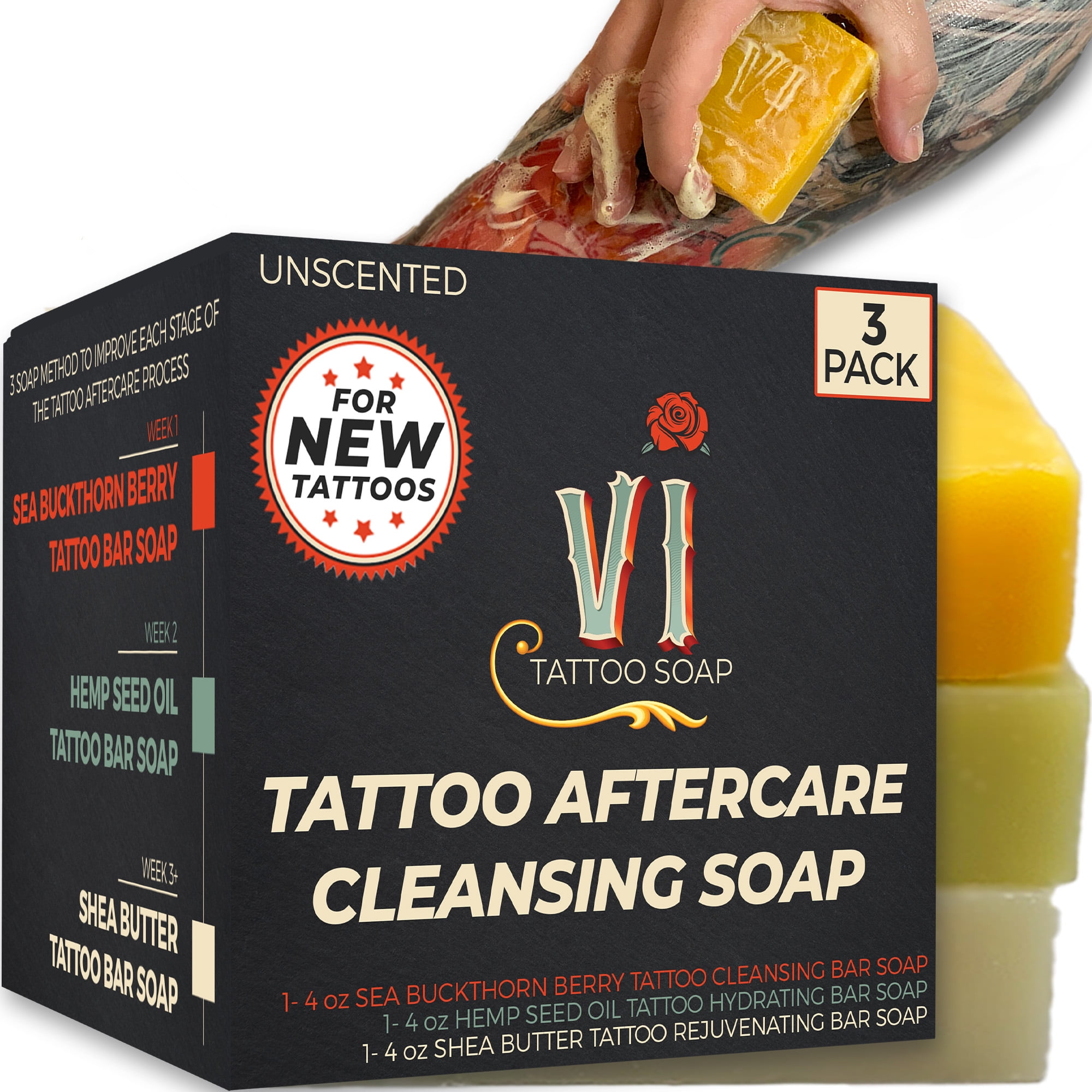 VI Tattoo Soap Tattoo Aftercare Cleansing Soap, 3 Pack, 4oz Bars