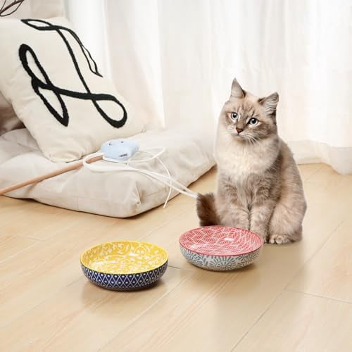 Ceramic Cat Food Bowl Set of 4, 5.6 Inch Wide Shallow Cat Bowls/Dishes for Food and Water, Assorted Colors