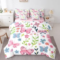 jejeloiu Colorful Cute Flower Twin Bedding Sets 7-Piece,Chic Kawaii Butterfly Bedding Comforter Set,Plant Floral Leaves Sheet Sets For Girls Kids,Microfiber Room Decoration Reversible