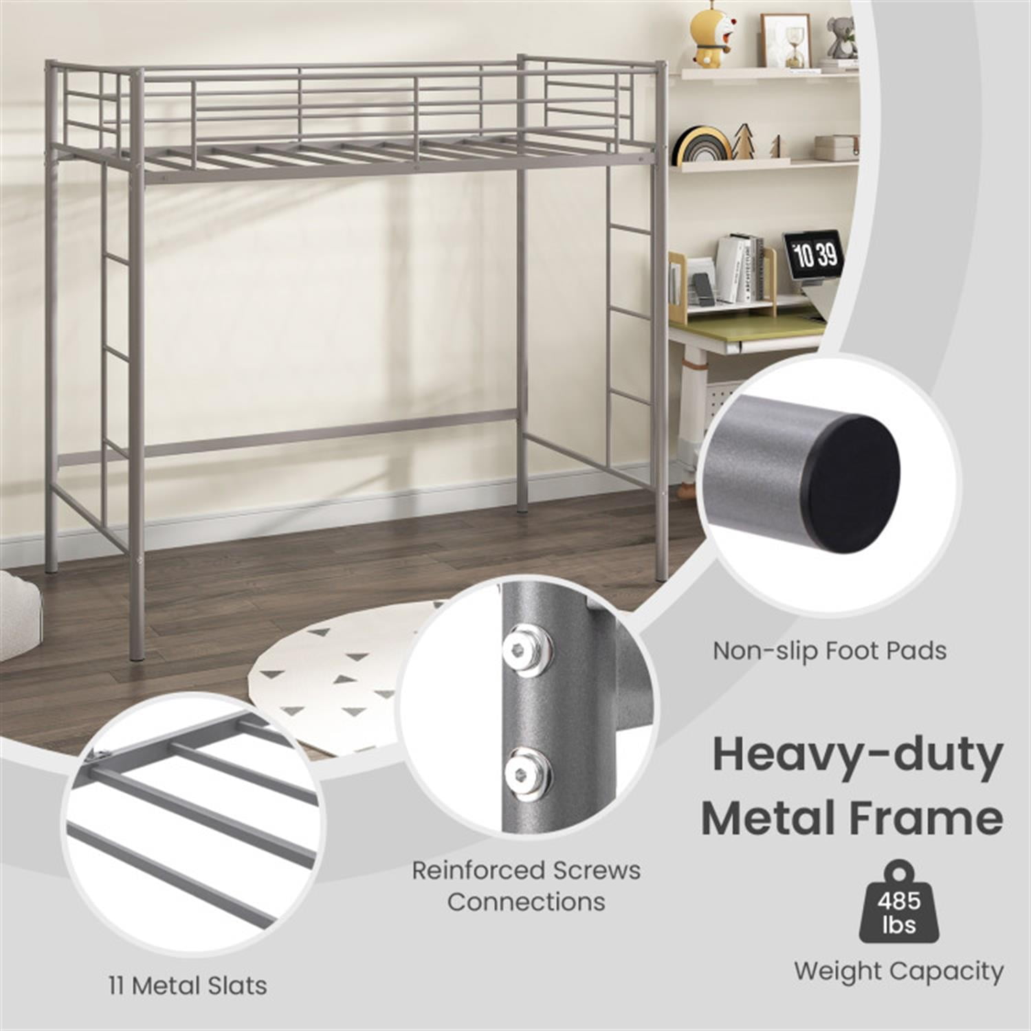 Demi Bonn Metal Twin Loft Bed Frame with 2 Ladders Full-length Guardrail for Teens, Silver