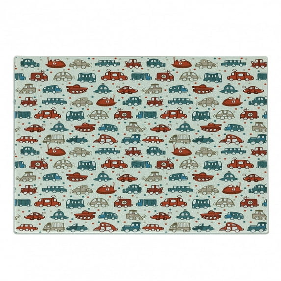 Cars Cutting Board, Cheerful Boy Play Things in Doodle Style with Many Different Vehicles, Decorative Tempered Glass Cutting and Serving Board, Small Size, Scarlet Teal Tan, by Ambesonne
